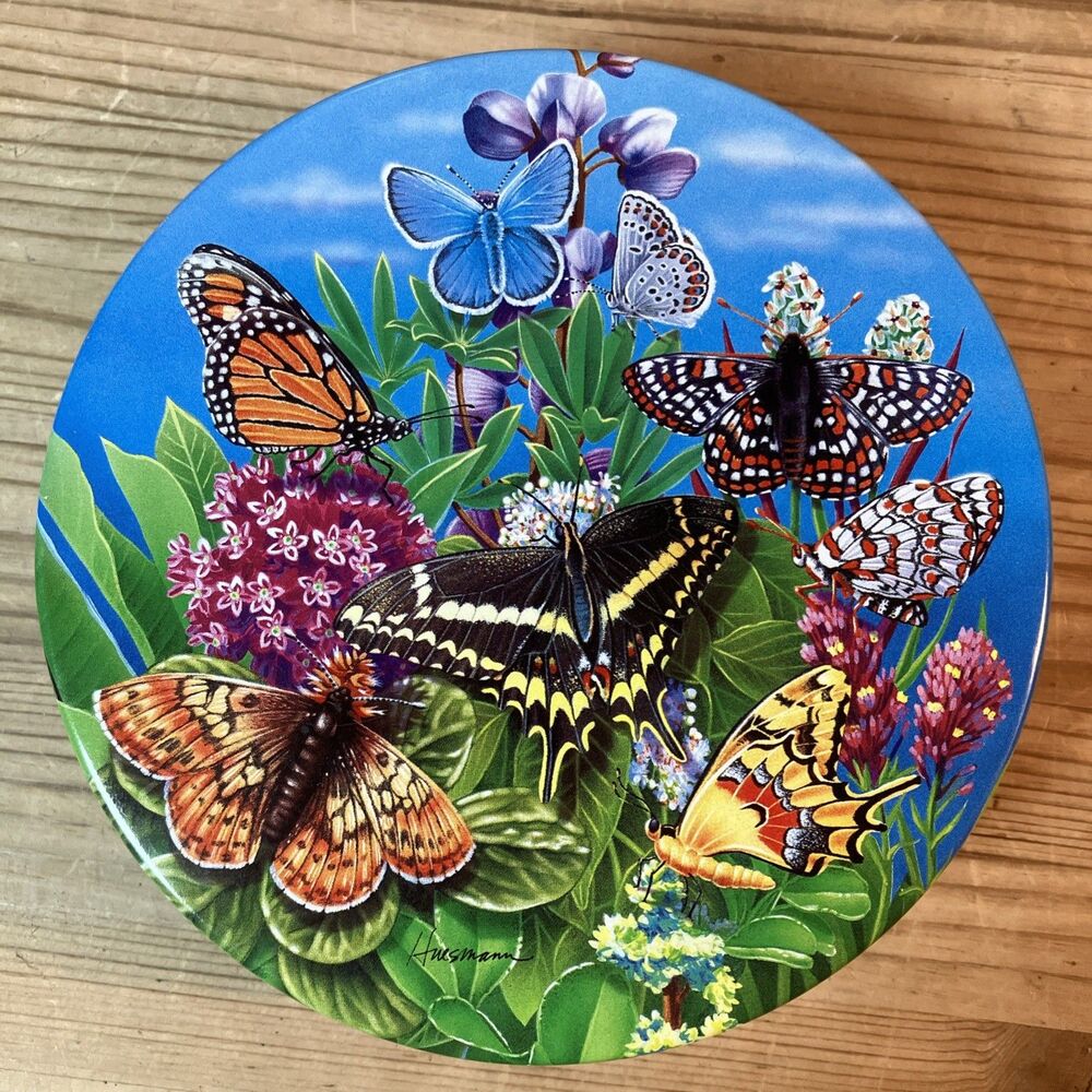 Vintage Butterfly’s Flowers Cookie Tin Artist Huesmann Round Colorful 6.5” X 2”